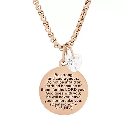 Ladies 18k rose gold plated stainless steel "Be strong and courageous..." round pendant adorned with heart shape swarovski crystal charm