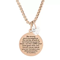 Ladies 18k rose gold plated stainless steel "Be strong and courageous..." round pendant adorned with heart shape swarovski crystal charm