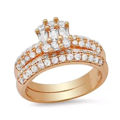 Ladies 18k white gold plated brass simulated diamonds engagement & band ring set