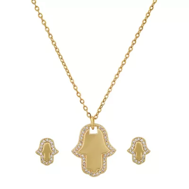Ladies 18k gold plated brass and simulated diamonds hamsa earrings/pendant set