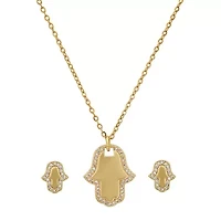 Ladies 18k gold plated brass and simulated diamonds hamsa earrings/pendant set