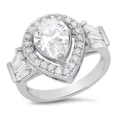 Ladies 18k white gold plated brass and simulated diamonds pear shape engagement ring