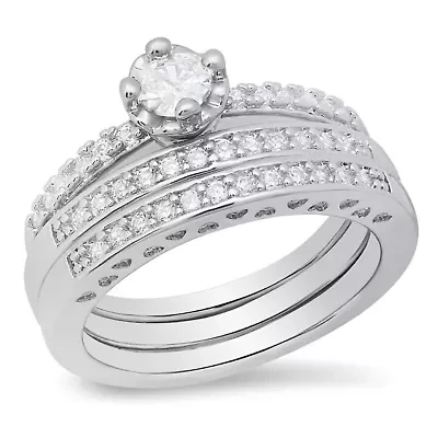 Ladies 18k white gold plated brass simulated diamonds band & engagement 3pc rings set