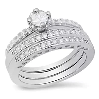 Ladies 18k white gold plated brass simulated diamonds band & engagement 3pc rings set