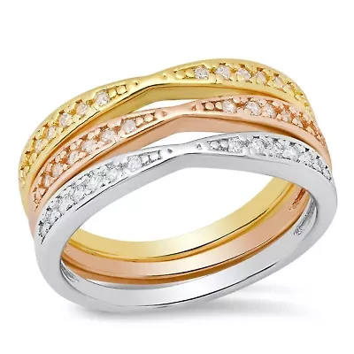 Ladies tri toned brass simulated diamonds 3pc rings set