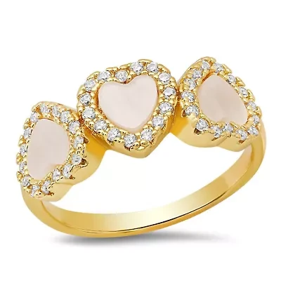 Ladies 18k white gold plated brass, mother of pearl and simulated diamonds heart ring