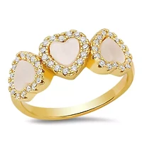 Ladies 18k white gold plated brass, mother of pearl and simulated diamonds heart ring