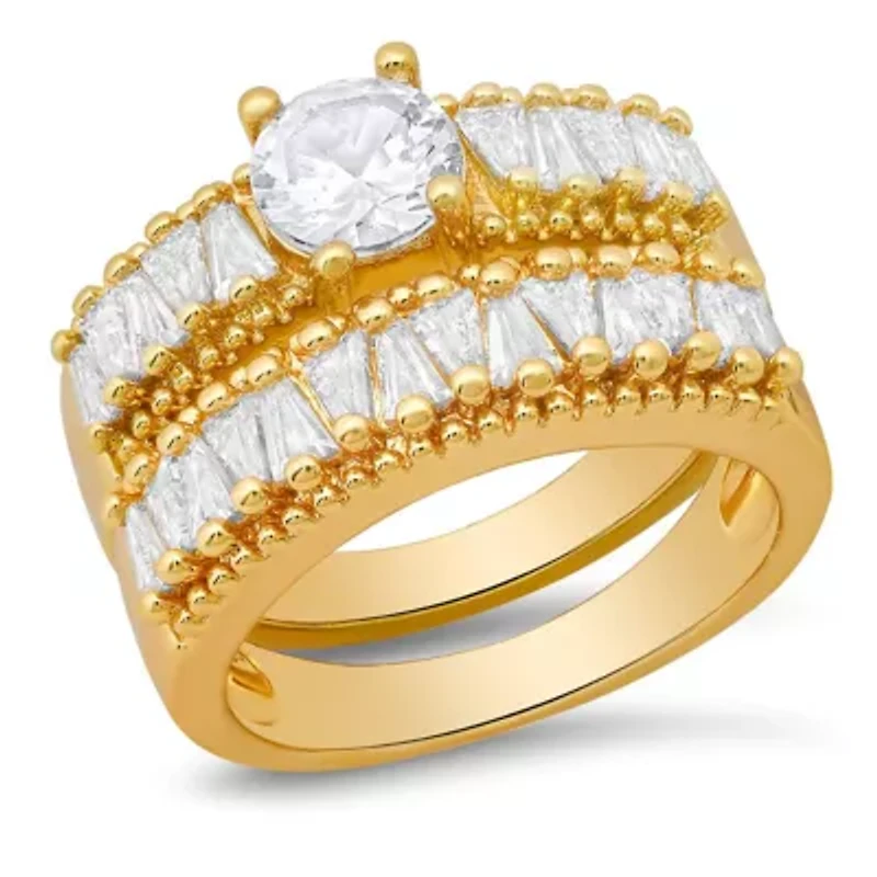 Ladies 18k white gold plated brass simulated diamonds engagement & band ring set