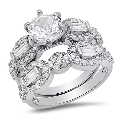 Ladies 18k white gold plated brass and simulated diamonds engagement band2pc ring set