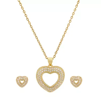 Ladies 18k gold plated brass simulated diamonds heart shape earrings/pendant set