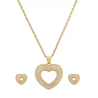 Ladies 18k gold plated brass simulated diamonds heart shape earrings/pendant set