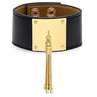 Ladies adjustable genuine brown leather bracelet with 18k gold plated tassel accent