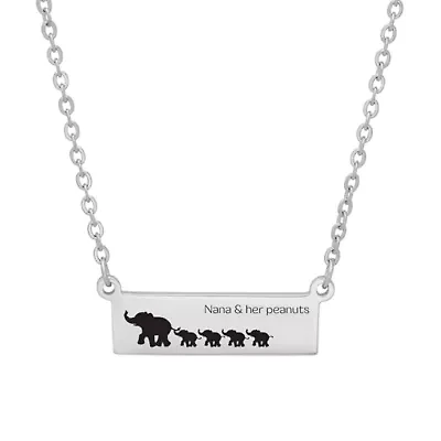 Ladies stainless steel bar id necklacce with elphant design and saying " Mama & her peanuts".