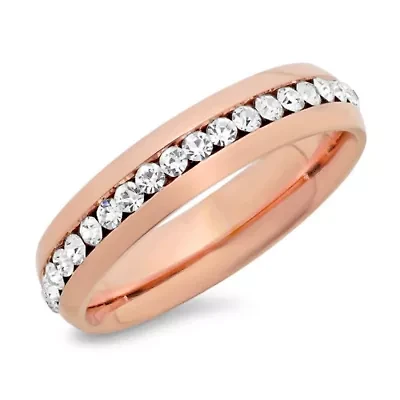 Ladies stainless steel and simulated diamonds band ring