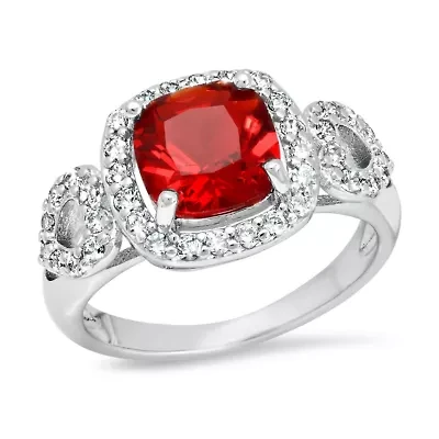 Ladies 18k white gold plated brass simulated cushion red and diamonds engagement ring