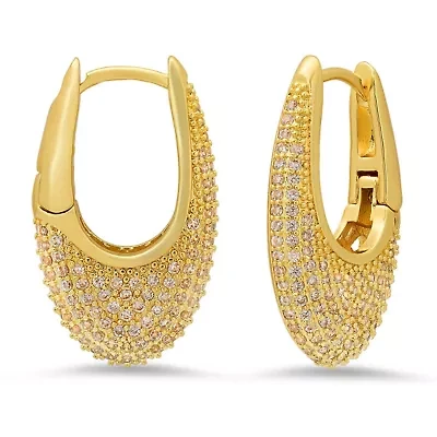 Ladies 18k white gold plated brass simulated diamonds oval huggie earrings