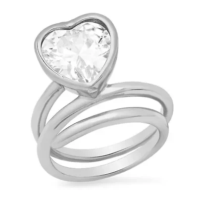 Ladies 18k white gold plated brass and simulated heart shaped twisted ring