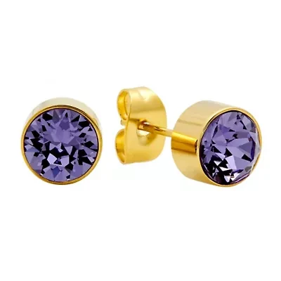 Ladies 18kt gold plated stainless steel stud earrings with February adorned swarovski crystals amethyst birthstone