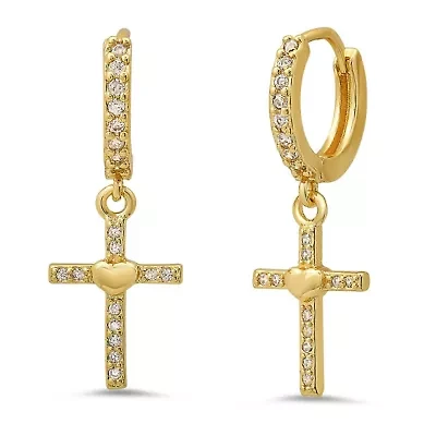 Ladies 18k gold plated brass and simulated diamonds cross huggies earrings