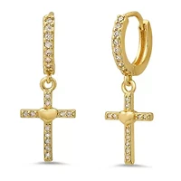 Ladies 18k gold plated brass and simulated diamonds cross huggies earrings