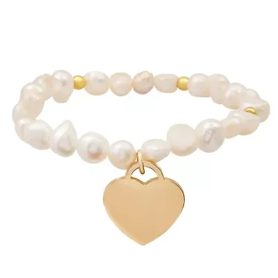 Ladies freshwater pearls and stainless steel heart shape charm " Moms are the…." stretch bracelet