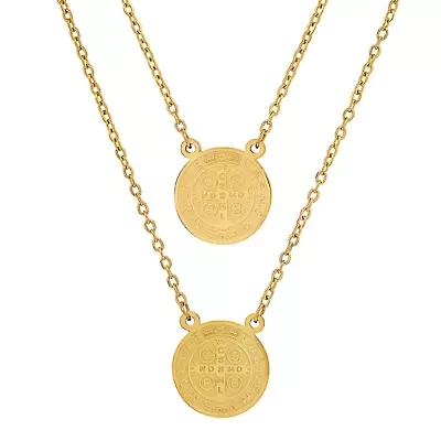 Ladies 18kt gold plated stainless steel st benedict double circle laser engraved scapular religious necklace