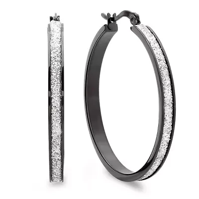 Stainless steel black onyx plated silver glitter hoop earrings