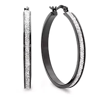 Stainless steel black onyx plated silver glitter hoop earrings