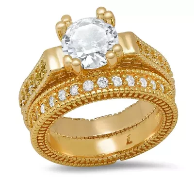 Ladies 18k gold plated brass and simulated diamonds engagement/band rings 2pc set