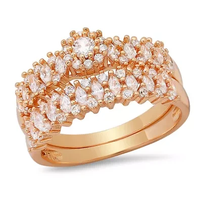 Ladies 18k gold plated brass simulated diamonds band and engagement ring set
