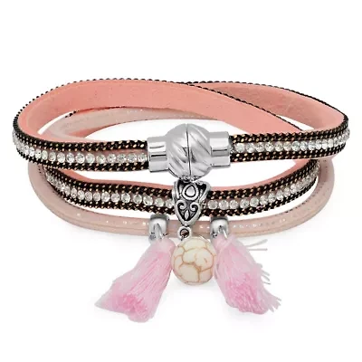 Ladies two one pink simulated leather and diamond wrap bracelet/choker necklace with tassel alloy accents. can be worn as bracelet or choker necklace.