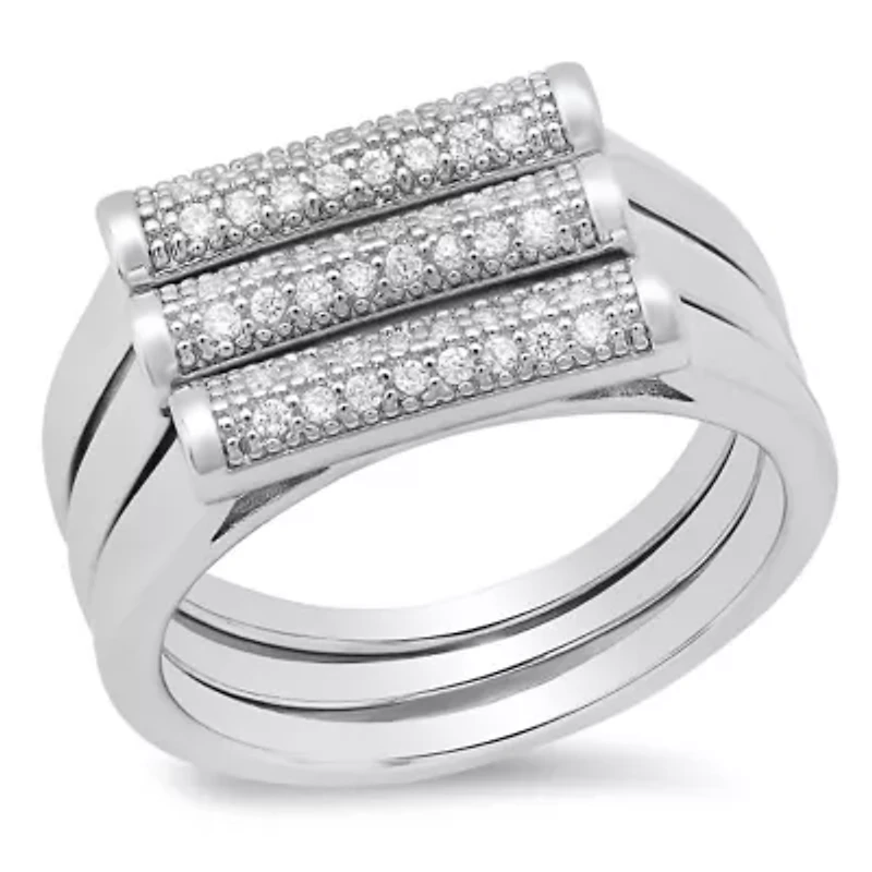 Ladies 18k white gold plated brass simulated diamonds tube 3pc rings set