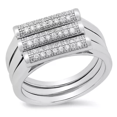 Ladies 18k white gold plated brass simulated diamonds tube 3pc rings set