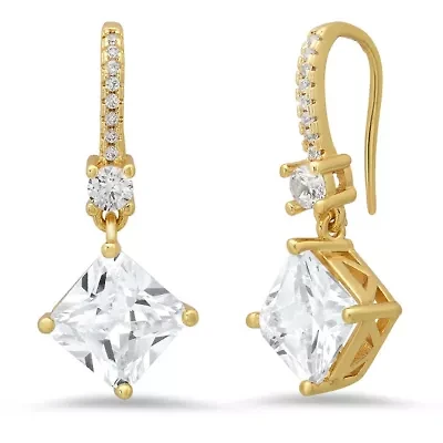 Ladies 18k gold plated brass and simulated square shape diamonds hook dangle drop earrings