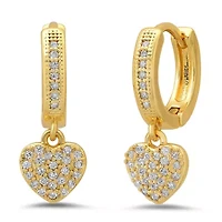 Ladies 18k gold plated brass simulated diamonds heart shape dangle drop huggie earrings