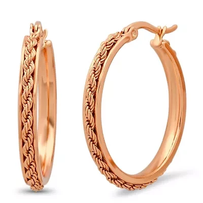 Ladies 18k rose gold plated stainless steel rope chain hoop earrings