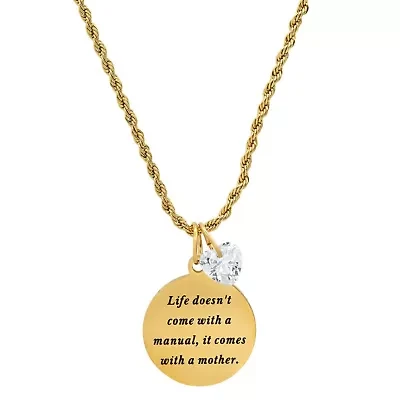 Ladies 18k rose gold plated stainless steel " Life doesn't come with a manual..." round pendant adorned heart shape swarovski crystal charm