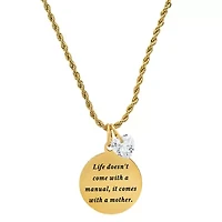 Ladies 18k rose gold plated stainless steel " Life doesn't come with a manual..." round pendant adorned heart shape swarovski crystal charm