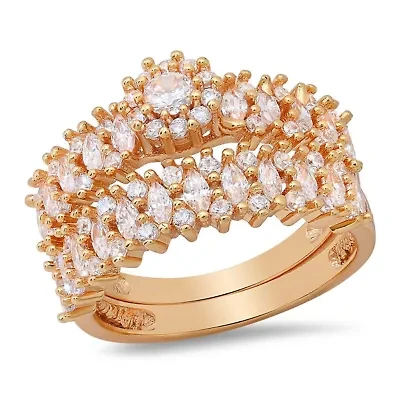 Ladies 18k gold plated brass simulated diamonds engagement/band ring set