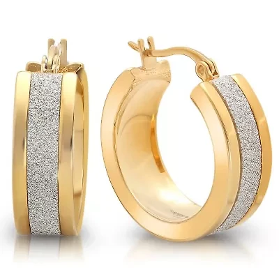 Ladies stainless steel hoop earrings with shimmer and simulated diamonds