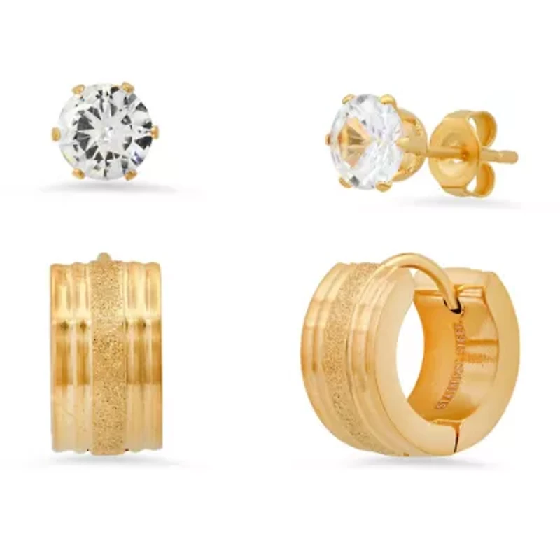 Ladies 2pc set stainless steel simulated diamonds studs and diamond cut huggie earrings