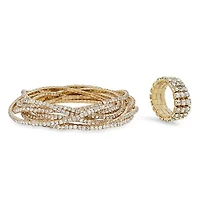 Ladies fashion simulated diamond stretch yellow plated alloy bracelet and ring set