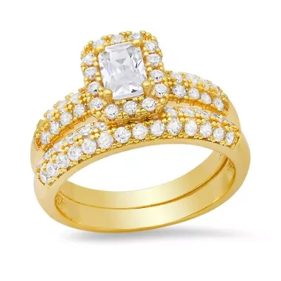 Ladies 18k gold plated brass simulated diamonds engagement & band ring set