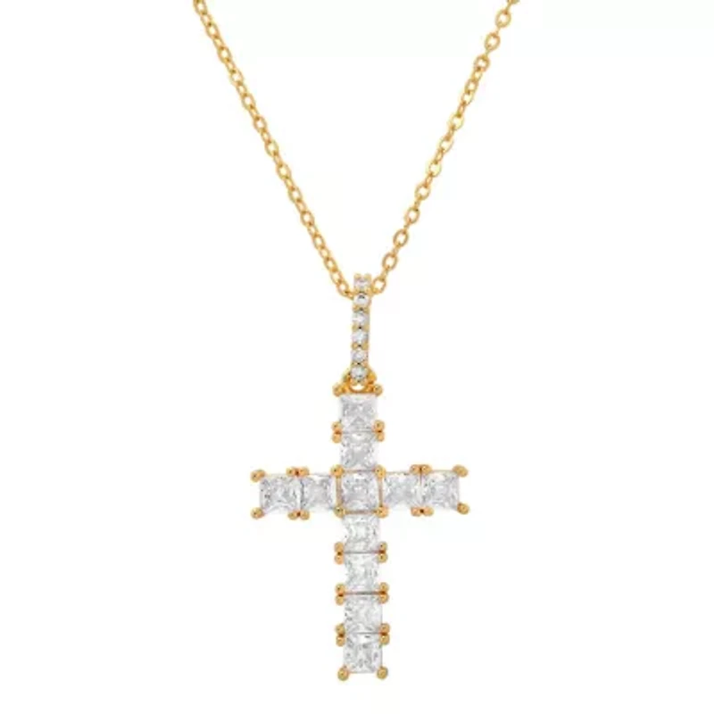 Ladies 18k white gold plated brass and simulated diamonds cross pendant