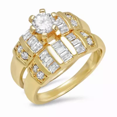 Ladies set of 2 18k gold plated brass round and baguette cut simulated diamond rings