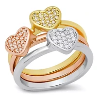 Ladies tri toned brass simulated diamonds heart shape 3pc rings set