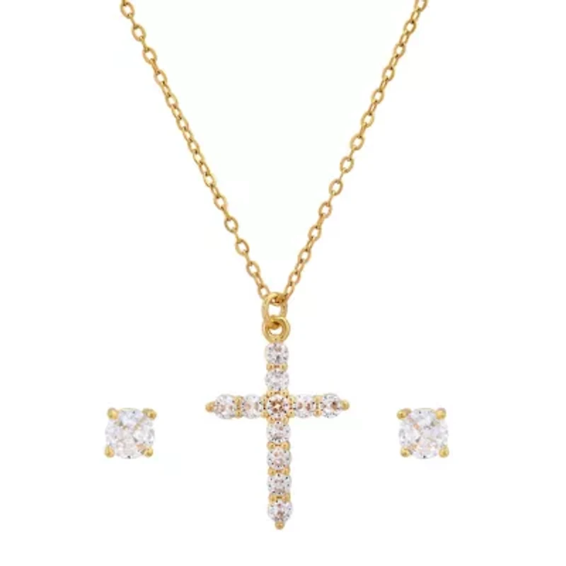 Ladies 18k white gold plated brass and simulated diamonds cross earrings/pendant set