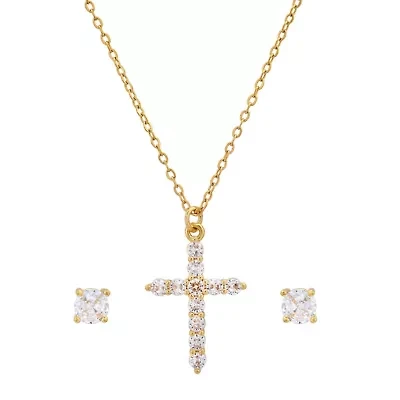 Ladies 18k white gold plated brass and simulated diamonds cross earrings/pendant set