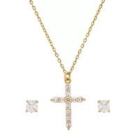 Ladies 18k white gold plated brass and simulated diamonds cross earrings/pendant set