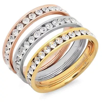 Ladies tritone stainless steel simulated diamonds 3 pc rings